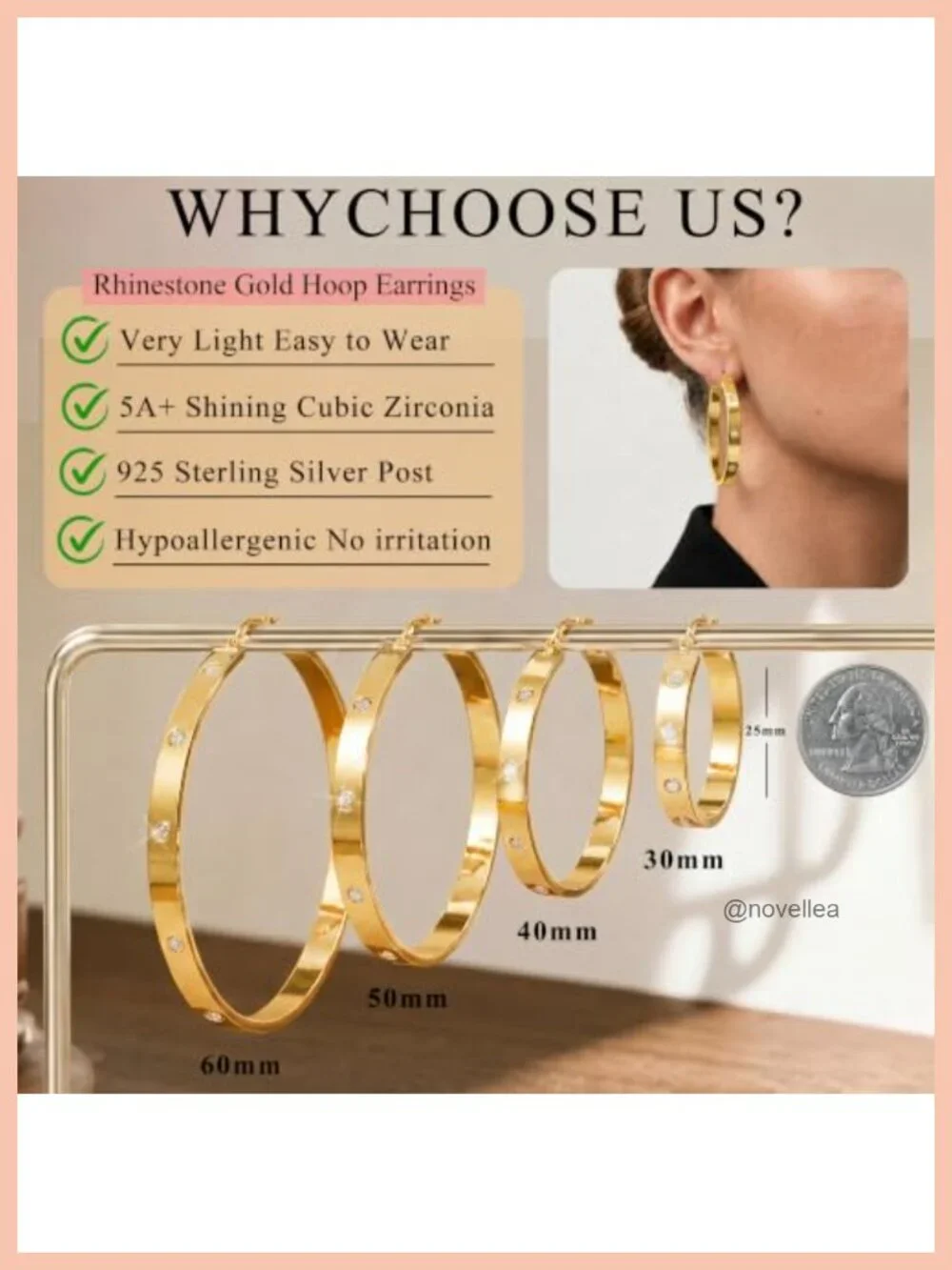 14K Gold Plated Hoop Earrings for Women CZ 30-60MM Hypoallergenic Lightweight